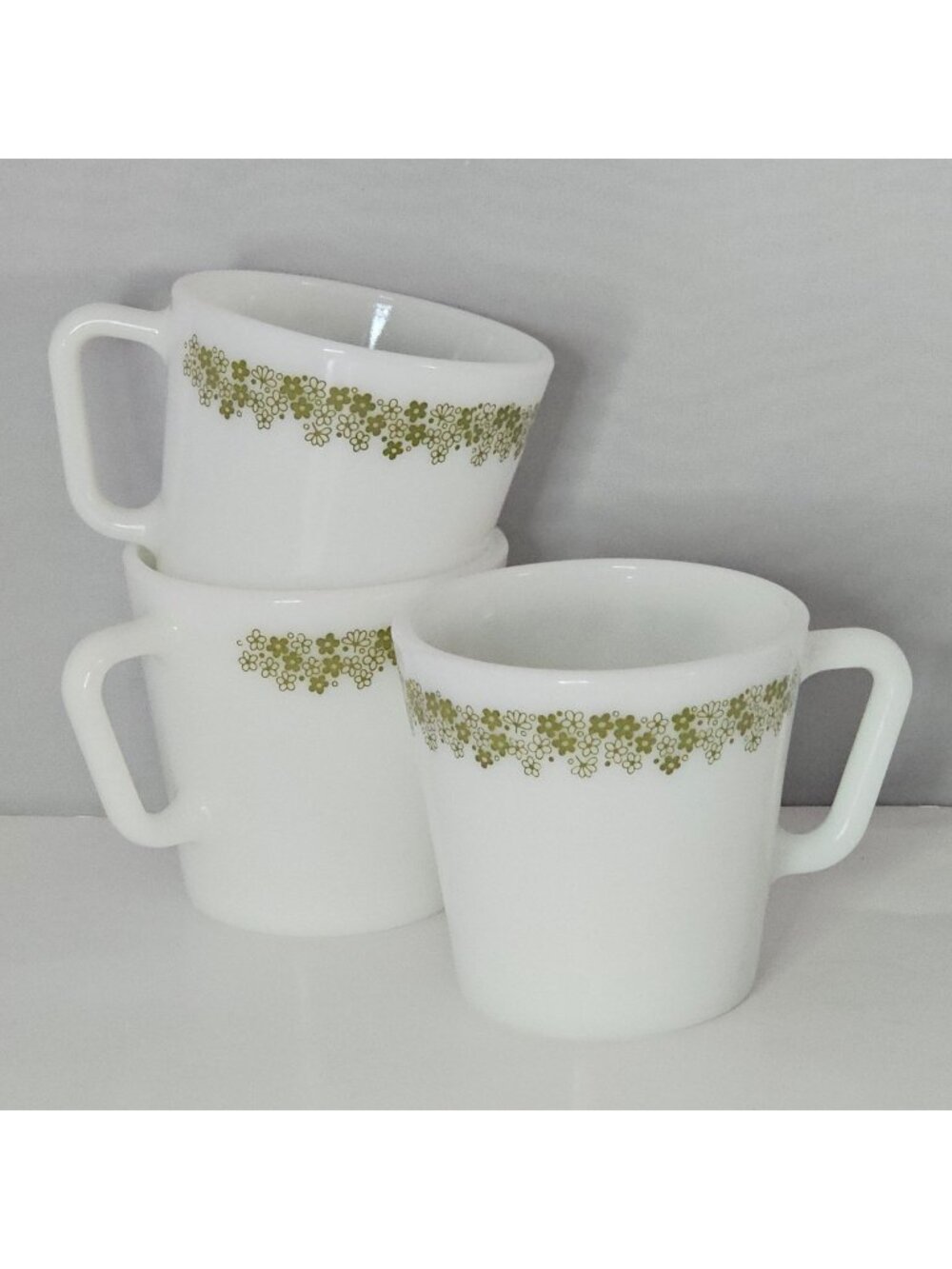 3 Corelle Spring Blossom Green Mugs by Pyrex Vintage Milk Glass Coffee Cups 80s